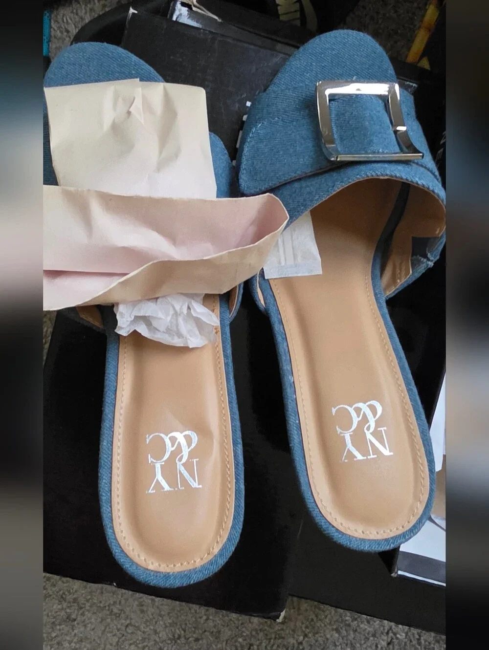 New York & Company denim wedge mule sandals
